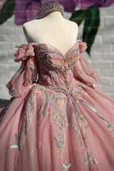 Off the Shoulder Sparkly Grey Pink Ball Gown with Appliqued Train for Quinceanera