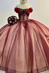 Princess Quinceanera Dress in Red with Off-the-Shoulder Bow Applique