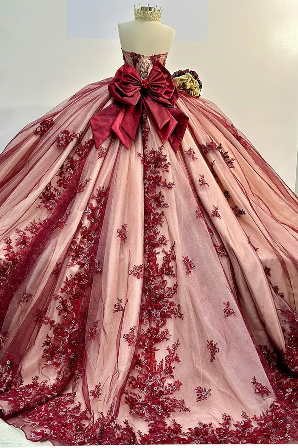 Princess Quinceanera Dress in Red with Off-the-Shoulder Bow Applique