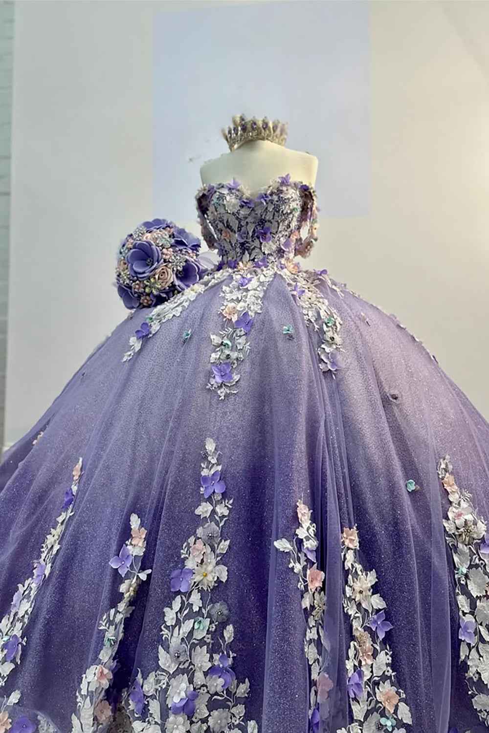 Princess Quinceanera Dress with Sparkly Purple Appliques and Off-the-Shoulder Design