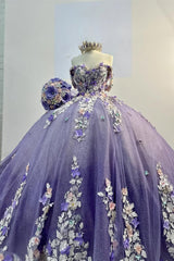 Princess Quinceanera Dress with Sparkly Purple Appliques and Off-the-Shoulder Design