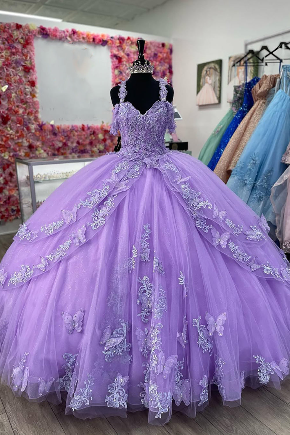 Quinceanera Dress with Sparkly Purple Spaghetti Straps and Ball Gown Applique
