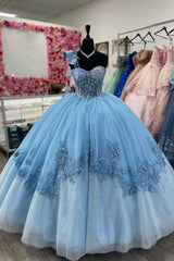Sweetheart Ball Gown in Blue Tulle with Applique for Quinceanera