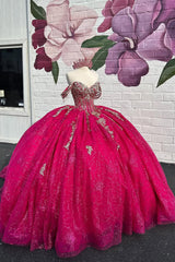 Princess Off-the-Shoulder Quinceanera Dress in Fuchsia with Applique and Train