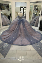 Grey Blue Sparkling Off-the-Shoulder Appliqued Quinceanera Ball Gown with Train