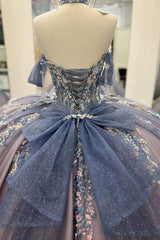 Grey Blue Sparkling Off-the-Shoulder Appliqued Quinceanera Ball Gown with Train