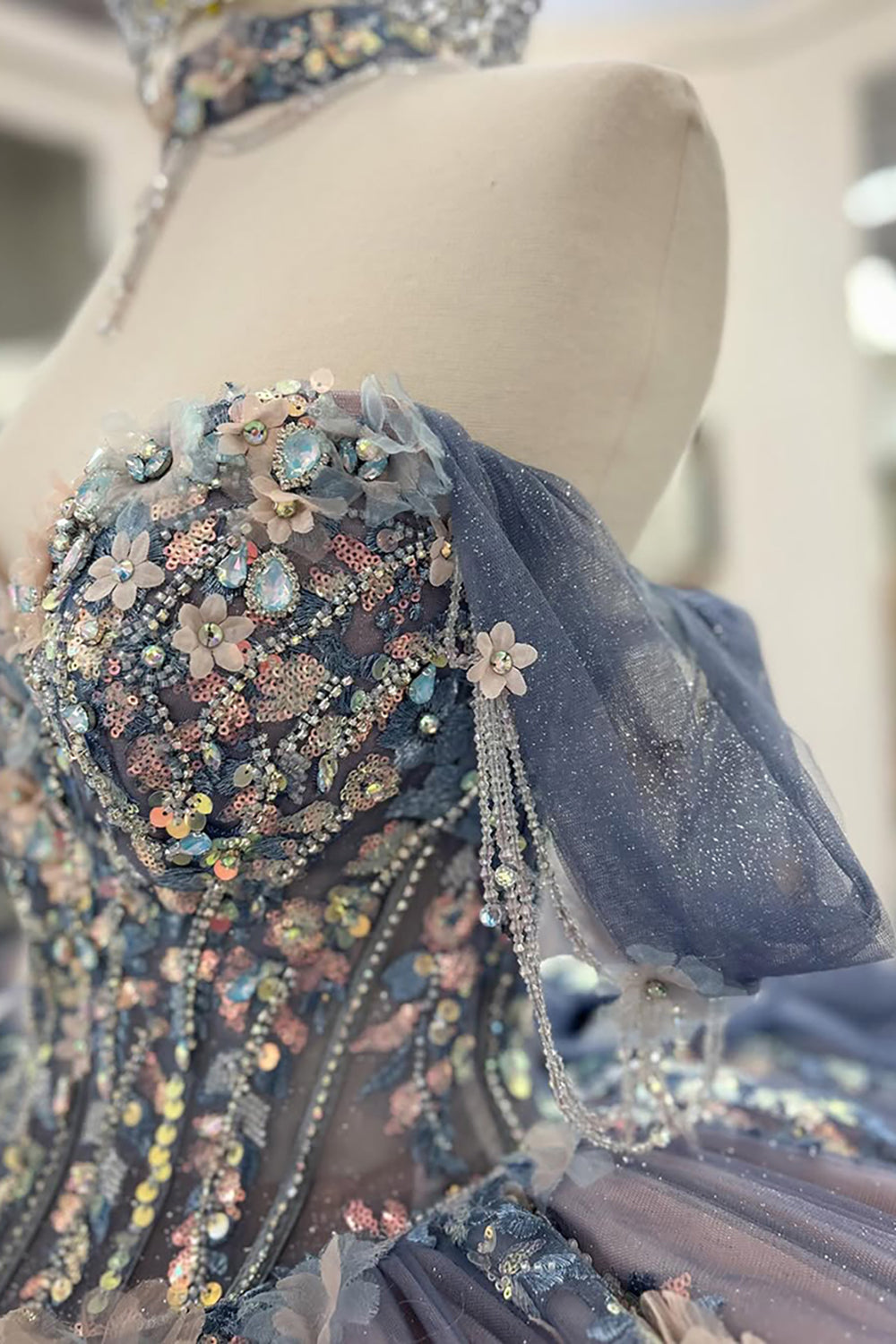 Grey Blue Sparkling Off-the-Shoulder Appliqued Quinceanera Ball Gown with Train