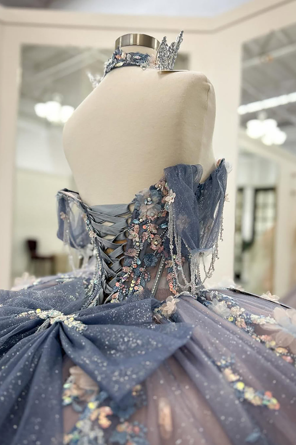 Grey Blue Sparkling Off-the-Shoulder Appliqued Quinceanera Ball Gown with Train