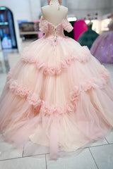 Off-the-Shoulder Ball Gown Quinceanera Dress in Pink with Floral Appliques