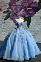 Off the Shoulder Blue Princess Organza Quinceanera Dress Featuring a Bow and Applique