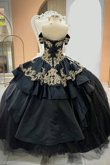 Black Sparkle Princess Quinceanera Dress with Gold Appliques, Off-the-Shoulder