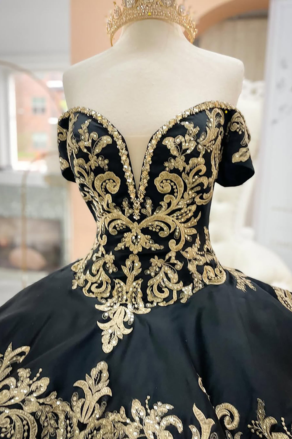 Black Sparkle Princess Quinceanera Dress with Gold Appliques, Off-the-Shoulder