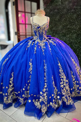 Princess Quinceanera Corset Dress in Royal Blue with Tulle and Spaghetti Straps, Featuring Appliques
