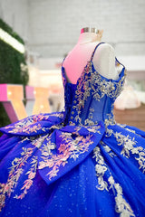 Princess Quinceanera Corset Dress in Royal Blue with Tulle and Spaghetti Straps, Featuring Appliques