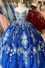 Royal Blue Sparkle Applique Ball Gown with Bow and Spaghetti Straps for Quinceanera