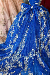 Royal Blue Sparkle Applique Ball Gown with Bow and Spaghetti Straps for Quinceanera