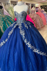 Navy Sparkle Princess Quinceanera Dress with Off-Shoulder Beaded Tulle Applique