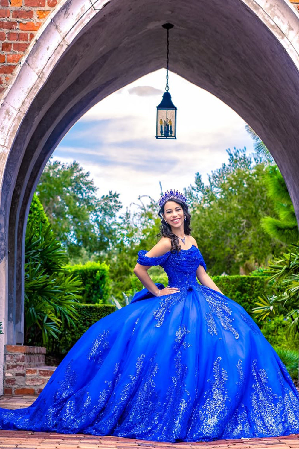 Princess Quinceanera Dress in Royal Blue with Off-the-Shoulder Sequins and Tulle Train