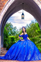 Princess Quinceanera Dress in Royal Blue with Off-the-Shoulder Sequins and Tulle Train