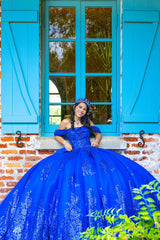 Princess Quinceanera Dress in Royal Blue with Off-the-Shoulder Sequins and Tulle Train