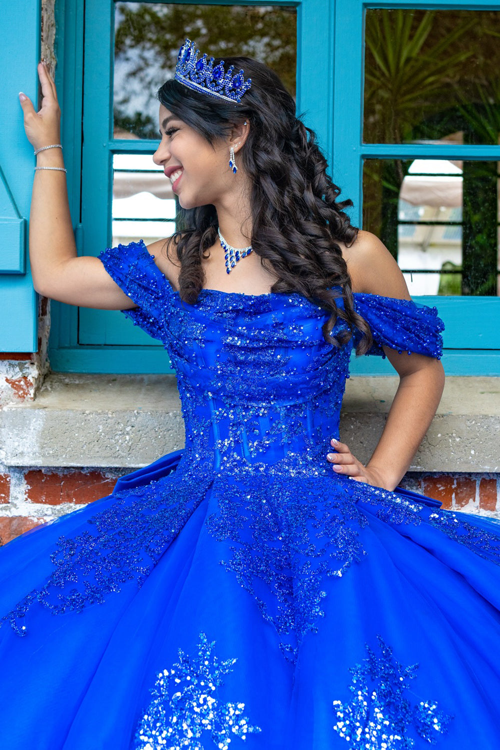 Princess Quinceanera Dress in Royal Blue with Off-the-Shoulder Sequins and Tulle Train