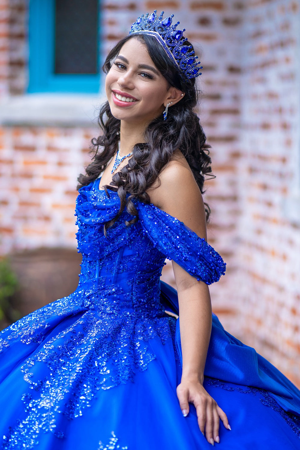 Princess Quinceanera Dress in Royal Blue with Off-the-Shoulder Sequins and Tulle Train