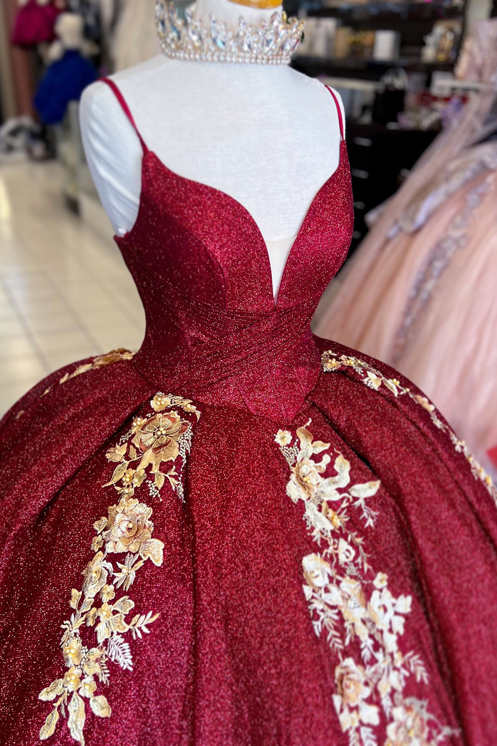 Burgundy Sparkle Princess Quinceanera Dress with Sequins and Appliques on Spaghetti Straps