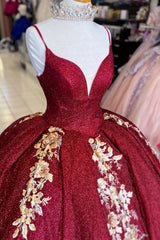 Burgundy Sparkle Princess Quinceanera Dress with Sequins and Appliques on Spaghetti Straps