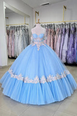 Off-the-Shoulder Blue Applique Tulle Ball Gown for Quinceanera