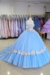 Off-the-Shoulder Blue Applique Tulle Ball Gown for Quinceanera