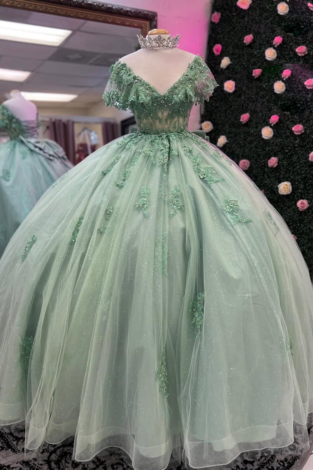 V-Neck Ball Gown in Grey Green with Tulle Applique and Bow for Quinceanera