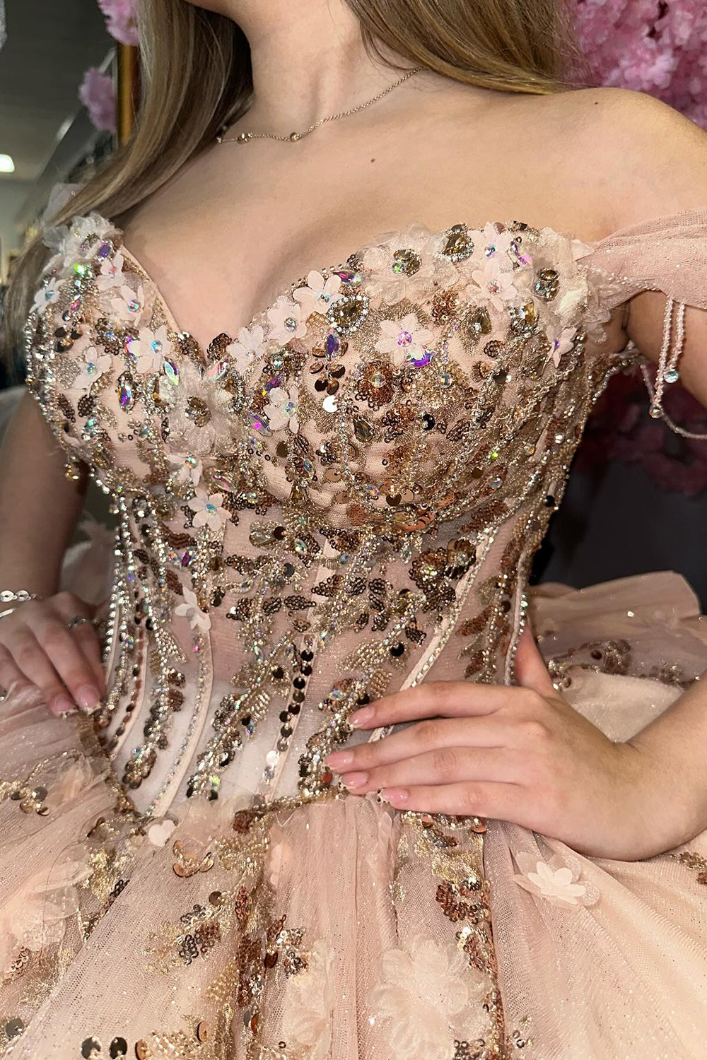 Champagne Off-the-Shoulder Sparkly Ball Gown with Sequins Applique and Tulle Train for Quinceanera