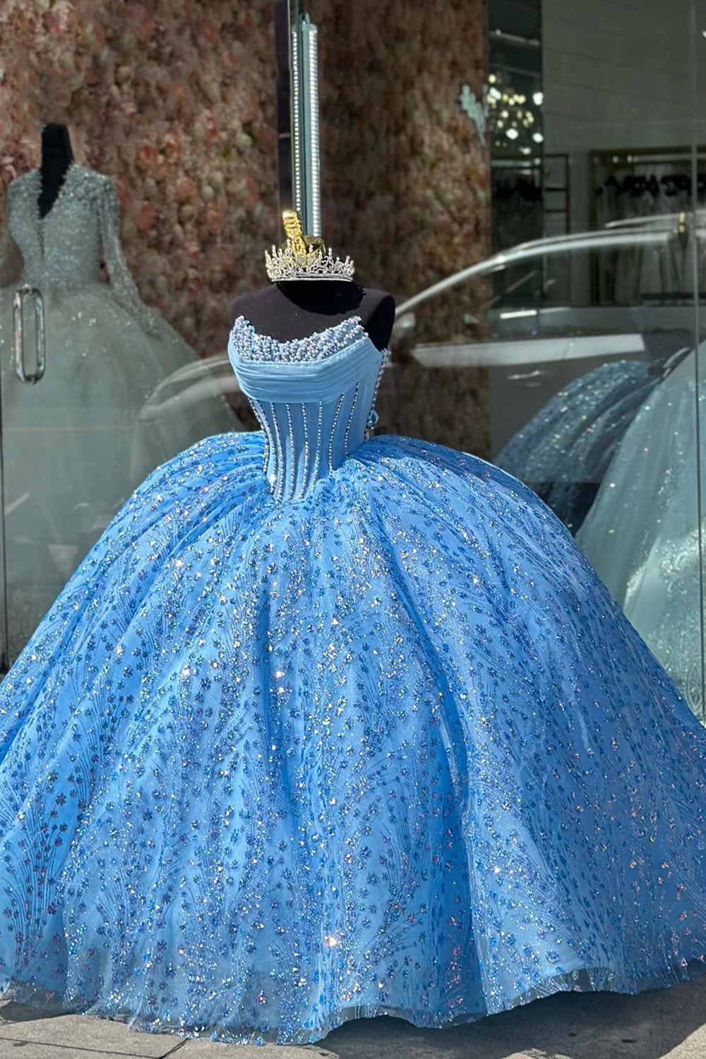 Sweetheart Ball Gown with Sparkly Blue Sequins and Beading for Quinceanera
