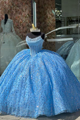Sweetheart Ball Gown with Sparkly Blue Sequins and Beading for Quinceanera