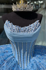 Sweetheart Ball Gown with Sparkly Blue Sequins and Beading for Quinceanera