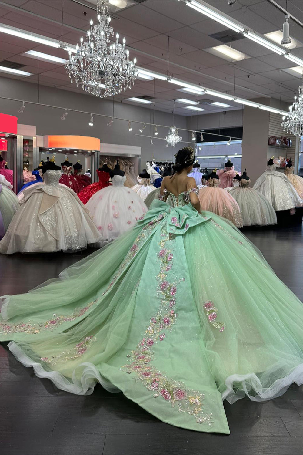 Princess Quinceanera Dress in Light Green with Off-the-Shoulder Applique and Tulle Bow
