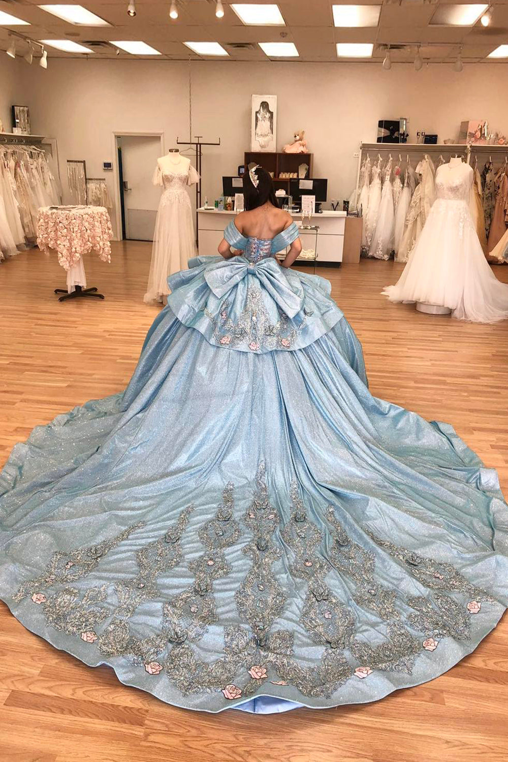 Grey Blue Glitter Off-the-Shoulder Princess Quinceanera Dress with Sequins and Train
