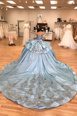 Grey Blue Glitter Off-the-Shoulder Princess Quinceanera Dress with Sequins and Train