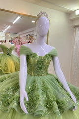 Off-the-Shoulder Princess Quinceanera Dress in Sage with Floral Applique and Beaded Tulle