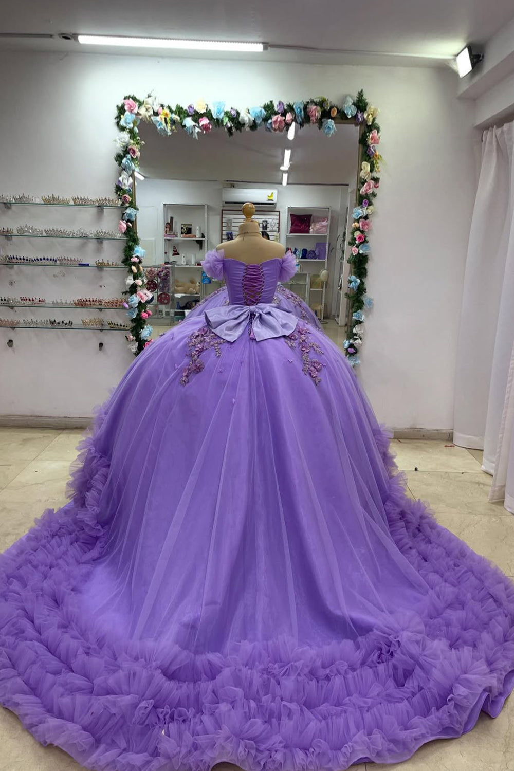Princess Quinceanera Dress in Purple with Off-the-Shoulder Beaded Applique and Tulle Bow