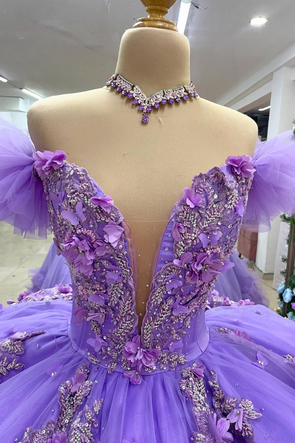 Princess Quinceanera Dress in Purple with Off-the-Shoulder Beaded Applique and Tulle Bow