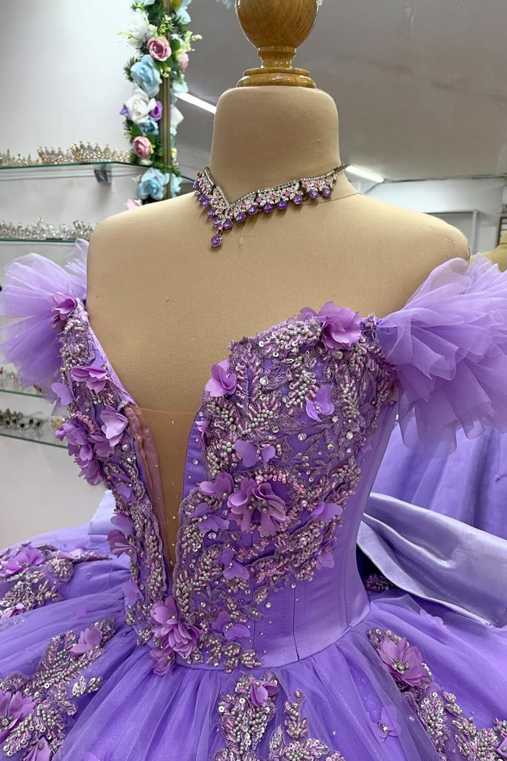 Princess Quinceanera Dress in Purple with Off-the-Shoulder Beaded Applique and Tulle Bow