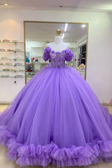 Tulle Quinceanera Ball Gown in Purple with Off-Shoulder Applique and Train