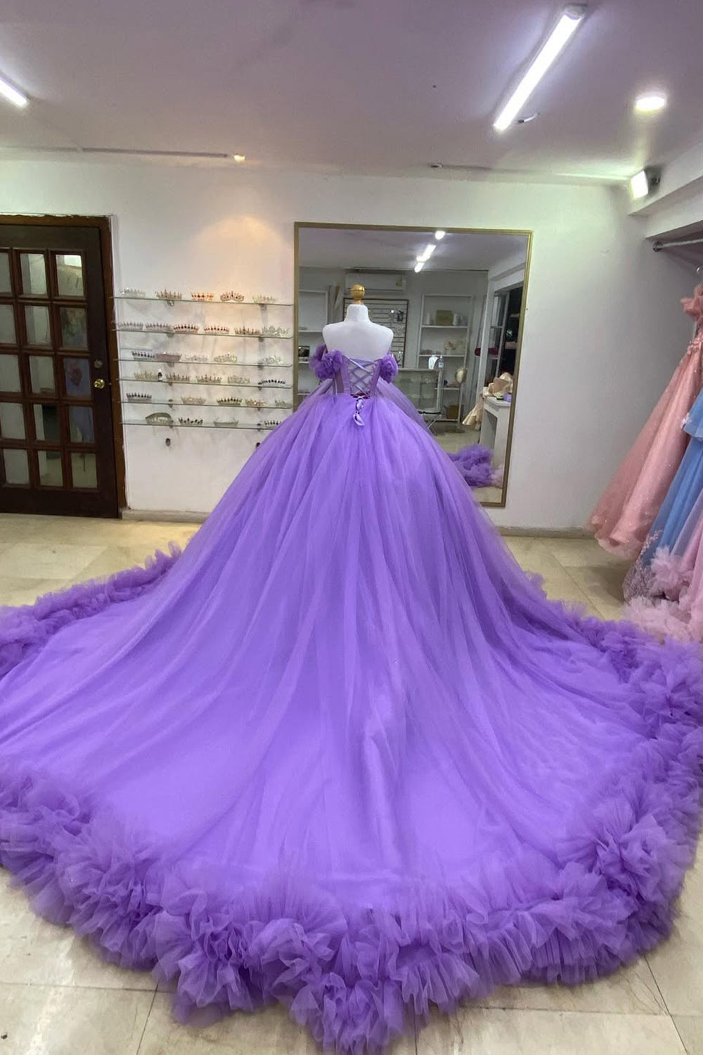 Tulle Quinceanera Ball Gown in Purple with Off-Shoulder Applique and Train