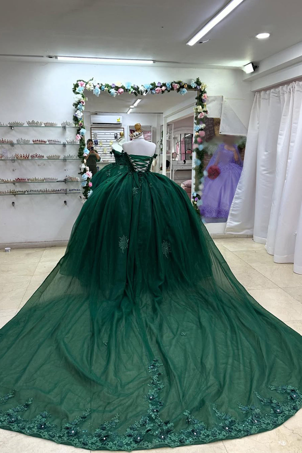 Princess Quinceanera Dress in Dark Green with Off-the-Shoulder Beaded Applique and Tulle Train