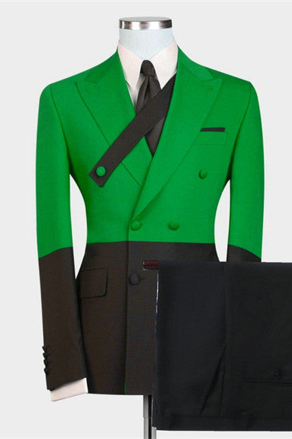 Modern Green and Black Best Prom Suits Peaked Lapel with Double-Breasted