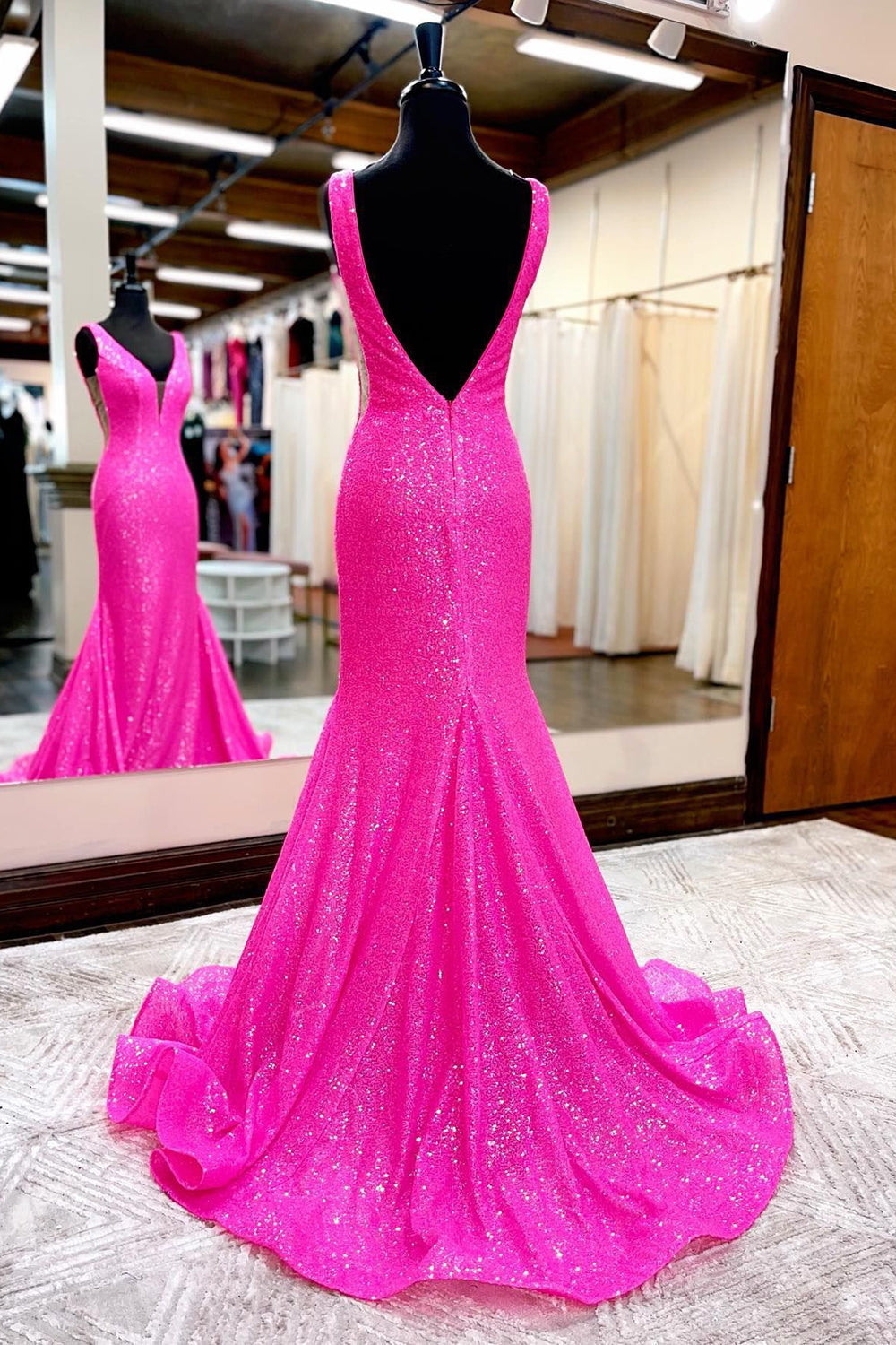 Long Mermaid Prom Dress with Sparkly Hot Pink Sequins and V-neck Cape