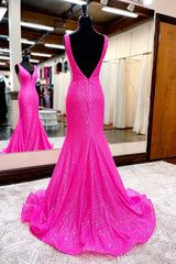 Mermaid Prom Dress in Hot Pink Featuring a Wateau Train