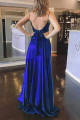 Elegant A-line Prom Dress in Royal Blue Satin Featuring Pockets