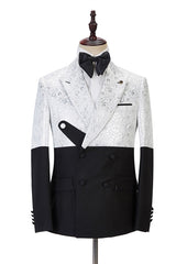 Chic Black and White Peaked Lapel Jacquard Wedding Suit for Men